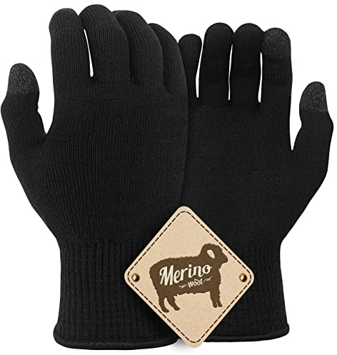 Migliore Wear Guantes de lana merino, forro térmico de pantalla táctil, forro de guante de esquí de dedo completo para clima frío, conducción, gimnasio (negro/XL)