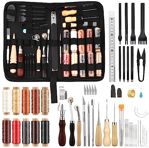 Kit di utensili per la lavorazione della pelle, utensili per la lavorazione della pelle, incluso scanalatore per cuciture, aghi da cucito per impieghi gravosi, punzone per riparazioni di cucito