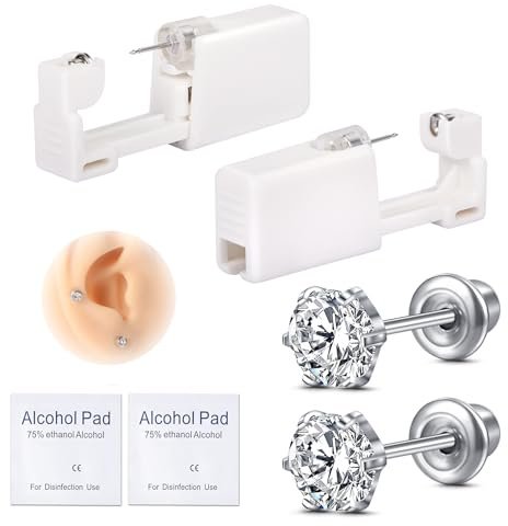 AVYRING Ear Piercing Gun Kit, Self Disposable Ear Piercing Kit 316L Surgical Stainless Steel with Cubic Zirconia, At Home Self Ear Piercer Kit Tool with 5mm Crown CZ Stud