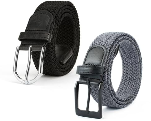 KRYMSON 2 cinturones de tejido de punto, cintura elástica ajustable, banda elástica con hebilla, cinturón tejido vintage, cinturón de tejido para hombre, adecuado para ropa informal y formal, Negro y
