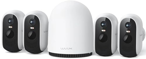 WUUK Telecamera di sorveglianza 2K per esterni, WiFi, kit 4 fotocamere, 32 GB, archiviazione locale, sorveglianza senza fili, senza costi mensili, batteria da 180 giorni, compatibile con Alexa e