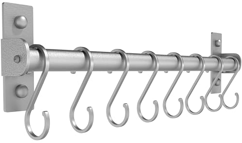 Dseap Kitchen Utensil Holder Hanger, Pot and Pan Rack wall mounted, Kitchen Rail with 8 Hooks for Hanging Cooking Utensils, Mugs, Spoons, Wall Mounted, Silver