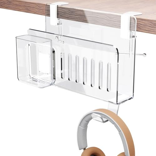 HEWYIOS Almacenamiento lateral de escritorio acrílico, soporte para computadora portátil, abrazadera de almacenamiento en el estante del escritorio, con soporte para bolígrafos y gancho para
