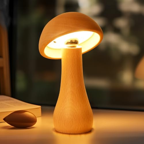 AIEHOUSE LED Cordless Bedside Touch Rechargeable Table Lamp, Small Wood Mushroom Light, Portable Dimmable Battery Mushroom Lamp for Bedroom Nightstand
