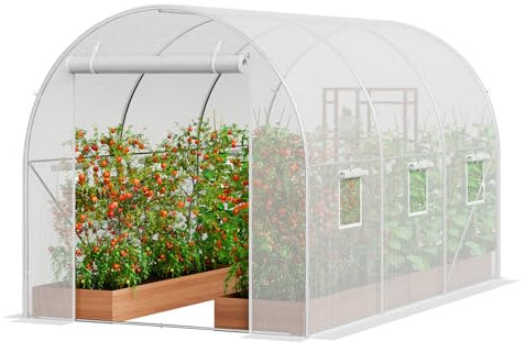 VEVOR Serre Tunnel Jardin, 292x196x190 cm, Tente Abri Plantes avec Cadre en Acier Galvanisé, Couverture en PE Blanche, Porte à Glissière Enroulable, 6 Fenêtres, pour Extérieur Cultiver Légumes Fleurs