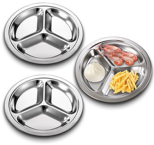 SUNOYA 3-pack delade tallrikar i rostfritt stål, delad bricka i rostfritt stål, med 3 koppar för vuxna, barn, picky, campare och portionskontroll