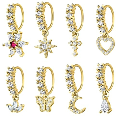 Calkkrer 8 stycken näspiercing, septumring guld, läpppiercing falsk septum, näsring med blomma, stjärna, fjäril, tragus helix cartilage piercingset