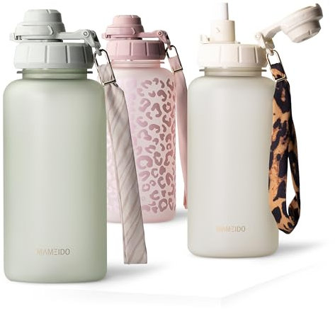 MAMEIDO Trinkflasche 1l mit Strohhalm & Zeitmarkierung als Trinkerinnerung, Wasserflasche auslaufsicher, Sportflasche BPA-frei, Gym Water Bottle, Flasche aus Tritan (Desert Sage, 1000ml)
