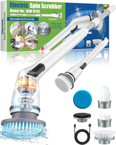 Power Scrubber, Electric Spin Scrubber, Electric Scrubbing Brush with Adjustable Stretchable Arm and 5 Replacement Brush Heads, USB Charging for Cleaning Bathroom Bathtub Kitchen Tile Floor