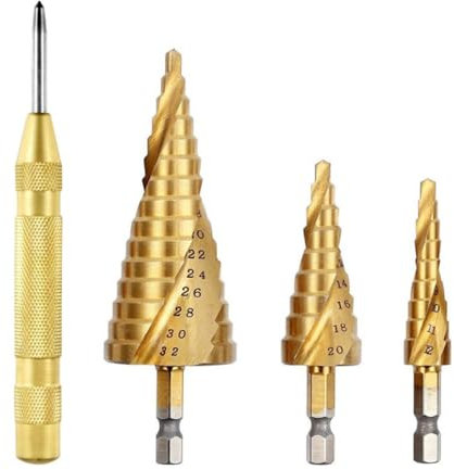 Spiral Grooved Step Drill Bit Set, Hex Shank Metric Bearing Steel Titanium Plating Spiral Pagoda Drill Bit Set, Drill and Enlarge Hole for Plastic Wood and Soft Metal