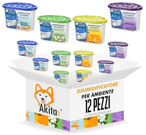 Akitaink - Deumidificatori 12 PZ Assorbiumidità 500 ml per Ambienti Casa, Armadi, Bagno, Camera, Contro Umidità, Muffa e Cattivi Odori, profumi assortiti lavanda, agrumi, gelsomino, brezza marina