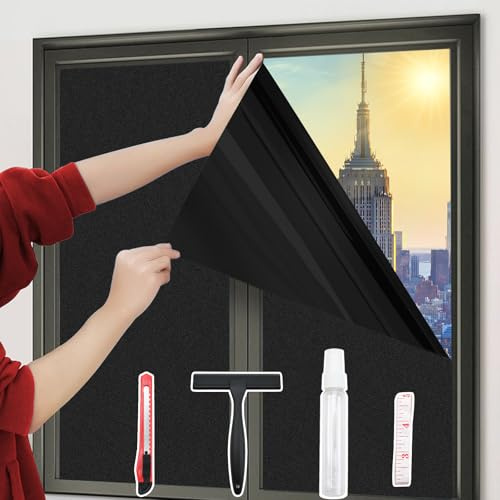 Heiwinner 100% Total Blackout Window Film with 4 Tools,Static Cling and Easy to Install, Window Darkening Film, Heat Control, UV and Light Blocking,Privacy Protection-Total Black 17.5x78.7