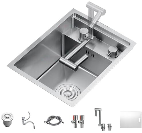 Lavello a vasca singola in acciaio inox compatto - Mini lavello da cucina a scomparsa con coperchio e rubinetto pieghevole, 35 x 45 x 23 cm, design salvaspazio per cucine moderne