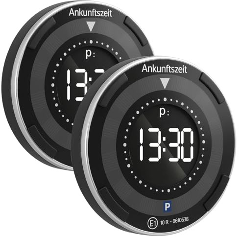 Lescars kompakte Parkscheibe: 2er-Set e-Parkscheiben, ECE-Zulassung, Erschütterungssensor, Solar (Parkscheibe mit Sensor, mit Zeiteinstellung, Display)