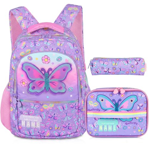 PinkSheep skolväskor set med lunchväska pennfodral 3 stycken för tonåringar, fjäril, Einheitsgröße, Skolryggsäck set