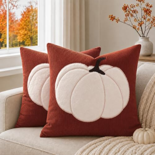 ZWJD Funda Cojin Otoño 50x50 de 2 Unidades, Fundas de Cojín de Tela Suave de Pana con Calabaza de Felpa, Cojines Decorativos Herrumbre para Sofá, Salón, Dormitorio, Funda Cojines de Gracias y Otoño