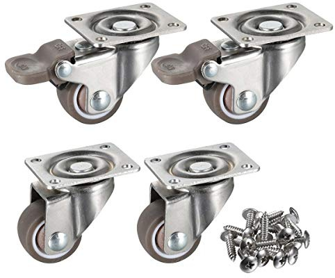 bayite 4 Pack 1 Low Profile Casters Wheels Soft Rubber Swivel Caster with 360 Degree Top Plate 100 lb Total Capacity for Set of 4 (2 with Brakes & 2 Without)