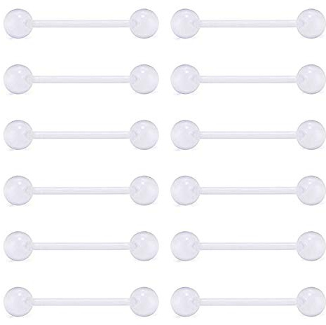 D.Bella 12Pcs 14G Clear Bioflex Flexible Acrylic Straight Tongue Rings Barbells Nipple Ring Retainer Piercing 16mm
