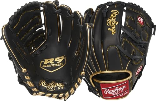 Rawlings Herren Baseball-Handschuh der R9-Serie, Größen 29,2 cm – 32,4 cm, 2-teiliges solides Netz | Schwarz/Gold, 12 | Pitcher