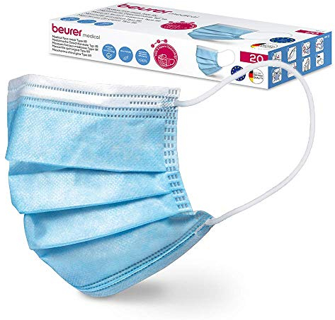 Beurer MM 15 OP-Maske Typ IIR, Made in EU, 3-lagige Medizinische Gesichtsmaske schützt Ihr Umfeld gegen Tröpfchen und Mikroorganismen, wärmeabsorbierend, 20 Stück