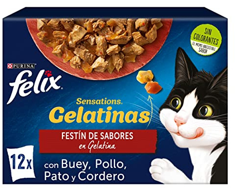 FELIX Sensations, Comida Húmeda para Gato Adulto, Gelatina, Surtido de Buey, Pollo, Pato y Cordero, 6 Packs de 12 Sobres de 85 g. (72 Sobres)