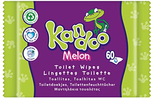 Kandoo Melon Wet Wipes - Flushable - Made from 95% Water - Fragrance-Free - Plastic-Free - Dermatologically Tested - Moist Toilet Paper Made from 100% Vegetable Cellulose Material - 60 Wipes