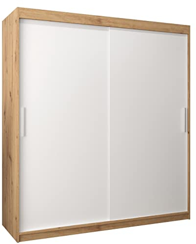 MEBLE KRYSPOL Tokyo 180 Kleiderschrank mit Zwei Schiebetüren für Schlafzimmer – moderner Aufbewahrungsschrank mit Kleiderstange und Regalen – 180x200x62cm - Artisan + Mattweiß