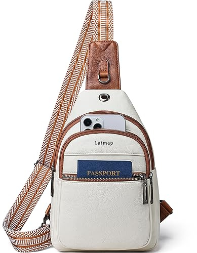 LATMAP Sling Bag For Women Men Leather Small Backpack Fanny Pack Crossbody Chest Bags Purse waterproof Sling Bag For Women (Beige W/Brown Trim)