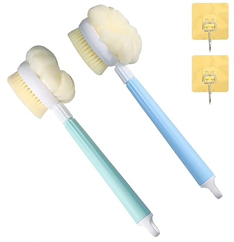 RAFIYU Spazzola Schiena Doccia, 2 spazzole per doccia regolabili con 2 ganci, spazzola per il corpo 2 in 1 con spugna per doccia，Spazzola per massaggio dorsale a manico lungo