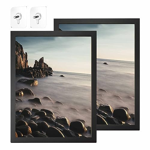 CHEVVY 30x40CM Bilderrahmen Frame Schwarz 2er Set Holz mit 2Stk 6 * 6CM Selbstklebender Haken Modern Natur mit Acrylglas Portraitrahmen