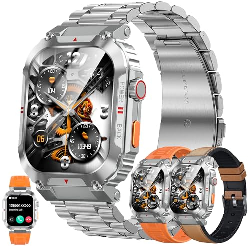 Smartwatch Herren mit Telefonfunktion, 2,02” Touchscreen IP68 Wasserdicht Stahl Sportuhr Aktivitätstracker mit Blutdruckmessung 123 Sportmodi Uhr kompatibel mit iOS Android, 3 Uhrenarmbänder (Silber)