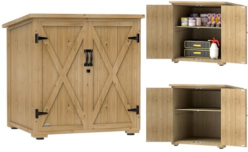 Outsunny Armadio da Esterno con Ripiano Interno Regolabile e Tetto Inclinato, Armadio da Giardino in Legno di Abete, 77.5x88x90 cm, color Legno