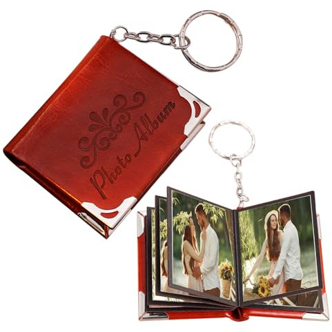 Sonwaha Mini Fotoalbum Schlüsselanhänger mit Foto Fotoalbum Klein Leder-Album Mini Fotoalbum Schwarz Schlüsselanhänger Bild DIY (Rot)