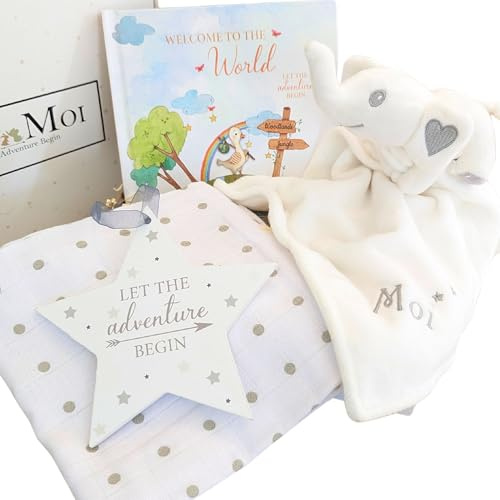 New Born Baby Gift Set, Unisex Gift for New Parents, 4 Piece Welcome to The World Book, Soft Baby Toy Elephant Comforter, 100% Cotton Muslin, Nursery Plaque Keepsake Box