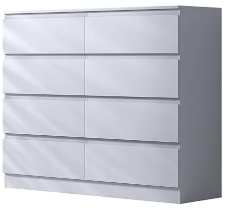 FWStyle Matt White Large 8 Drawer Chest of Drawers. White Bedroom Furniture. Under drawer support bars. Scratch resistant.