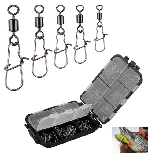 MxyVrix Angelwirbel Set inkl, Box, 125 pcs Wirbel zum Spinnfischen Duo-Lock Snap, Tragkraft 8-28kg, Angelwirbel mit Karabiner für Forellen, Barsch, Zander und Hecht