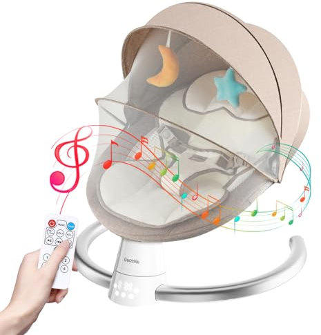 Babywippe Elektrisch, Baby Wippe mit 5 Schaukelgeschwindigkeiten 3 Timer und 10 Musik, Babyschaukel Elektrisch mit Sicherheitsgurt & Insektennetz, Baby Bouncer mit Touchscreen/Fernbedienung(Khaki)