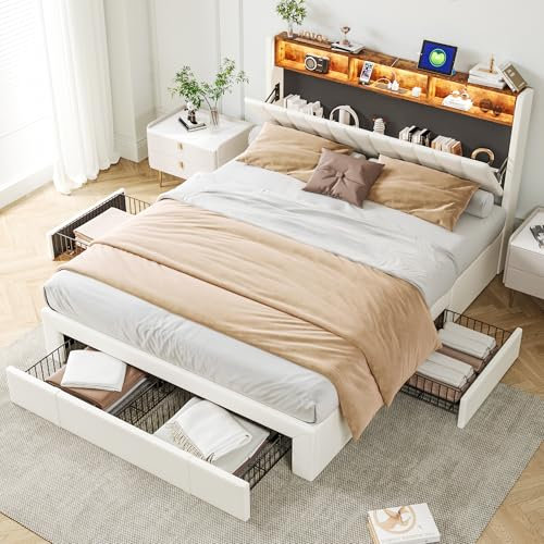 LIVLUX Lit 160x200 avec Sommier LED et USB, Lit Double avec 4 Tiroirs, Tete de lit avec Rangement, Velours, pour Adultes et Adolescents, Beige (160 x 200 cm B)