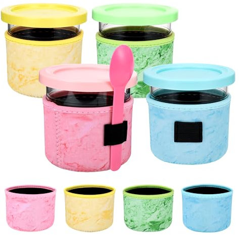 Hejo 4 Pcs Ice Cream Neoprene Sleeve for Ninja CREAMi NC301 NC300 NC299AMZ UK Series, Neoprene Sleeves for Ninja Ice Cream Container, Reusable Insulated Sleeves for Ninja Cream Tubs (16OZ)