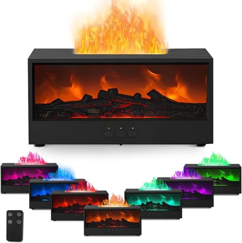 Difusor de Aceites Esenciales con Llama, 150 ml Humidificador de Aire para Habitación con Chimenea LED, Color de 7 Llamas, Difusor de Aromas para Chimenea con Control Remoto para el Hogar, Oficina