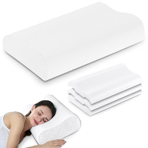 Elviros Oreiller Ergonomique Cervical Mousse à Mémoire de Forme, Hauteur Réglable, Coussin pour Dormir sur Le Côté et sur Le Dos, Housse Respirante Amovible, 60×35.5×13,5/11.5cm