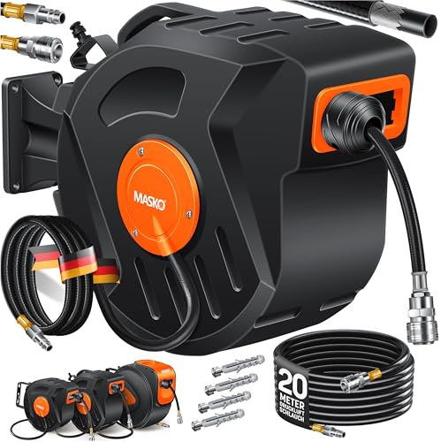 MASKO® Enrollador automático de manguera de aire comprimido de 20 m – Carrete de manguera con conector de 6,35 mm, enrollador de manguera, soporte de pared, asa de transporte, giratorio 180°, freno de
