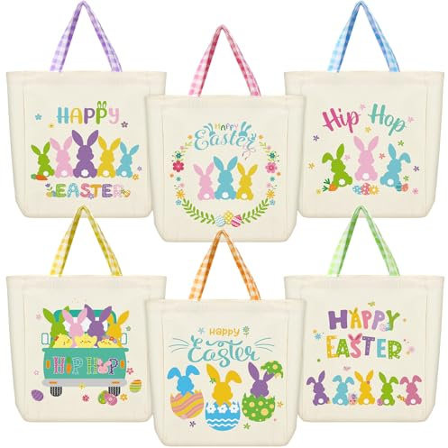 VioraWhite 6 Pcs 6 Pcs Easter Bags Bunny Large Canvas Tote Bags Egg Hunt Party Basket Bucket with Handle for Gift Shopping Reusable (Easter Hip Hop)