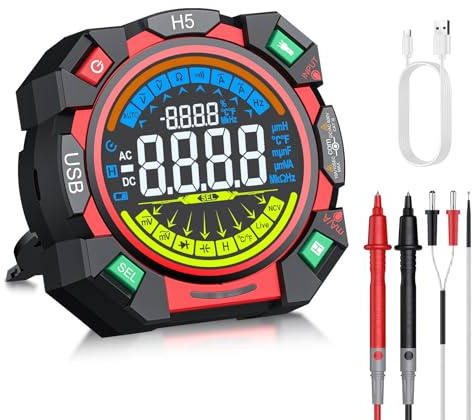 Neoteck Multimetro Digitale 6000 Conteggi con Display a Colori Rotondo Misura Tensione AC/DC, Resistenza, Capacità, Frequenza, Temperatura, NCV con Ricaricabile USB-C, per Fai-da-te, Auto e Casa