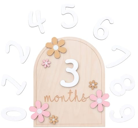Månatliga milstolpe-kort för baby med limpunkter, dubbelsidiga milstolpar i trä blomstil, babyinspelningskort för spädbarn 0-12 månader babyshower tillväxtinspelning (rosa, 1 st)