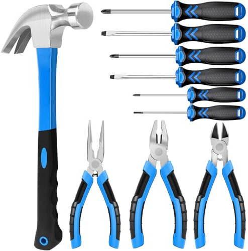 10 Pcs Household Hand Tool Set, High Carbon Steel Claw Hammer, 3 Types Pliers & S2 Magnetic Screwdriver Kit, Basic DIY Repair Hand Tools for Home Garage Apartment Dorm, Starter Maintenance Tool Kit