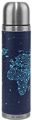 Mnsruu High-Tech-Weltkarte Isolierte Wasserflasche Thermoskanne Edelstahl Doppelwandig Auslaufsicher Vakuum Reise Echtes Leder Abdeckung 500 ml