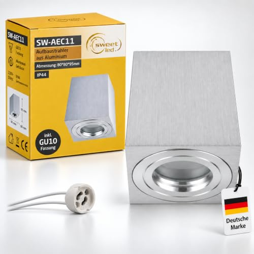 Sweet LED byggspotlight badrum IP44 aluminium GU10 takfläck 95 mm våtrum badrum våtområde bygglampa 230 V monteringspot aluminiumborstad, fyrkantig