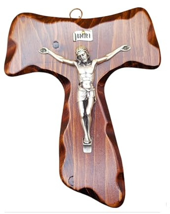 La Balestra Croce Tau da Parete - Artigianale Made in Italy Cristo e INRI Placcati Argento 999 - Crocifissi da Parete in Legno, Cura e Precisione dei dettagli di Gesù Crocifisso - 18x14cm