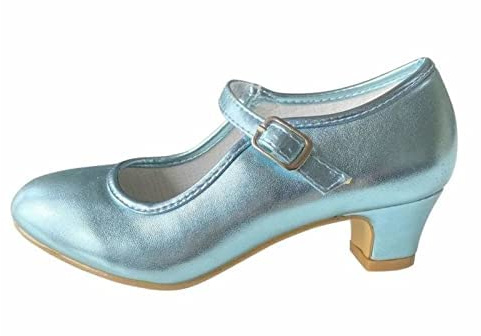 La Señorita Elsa Frozen Princess Shoes Lightweight Blue Metallic Spanish Flamenco Shoes for Girls, Blue light blue, 2 UK